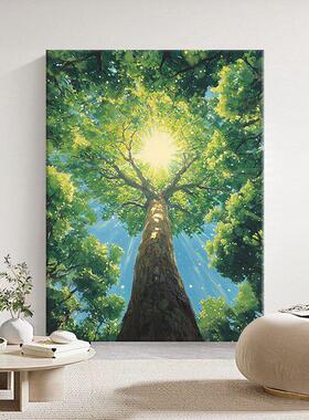 绿色森林参天大树装饰画客厅丁达尔效应手绘油画玄关走廊阳光挂画