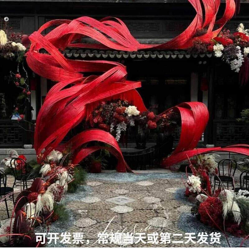 新春红色竹编竹排竹条室外草坪婚礼婚橱窗装饰竹篾造景颜色道具