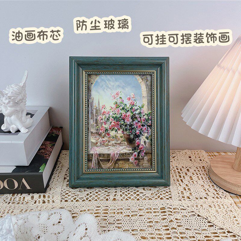 窗边玫瑰花卉油画装饰画摆件简约欧美式相框玄关客厅床头柜摆台