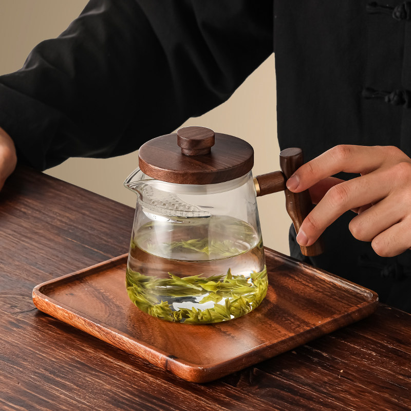 绿茶泡茶器玻璃壶月牙泡茶单壶耐高温冲茶壶一体过滤茶水分离木盖