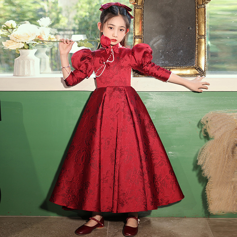 女童生日公主裙高端花童女孩中国风主持人红色旗袍儿童晚礼服春秋