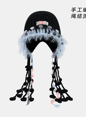新年圣冬诞红色手UPM工编织织毛线帽女流小苏长辫针帽氛围感显脸