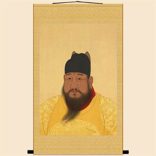 明宣宗朱瞻基人物画像 明代皇帝中式复古卷轴挂画 丝绸画装饰字画