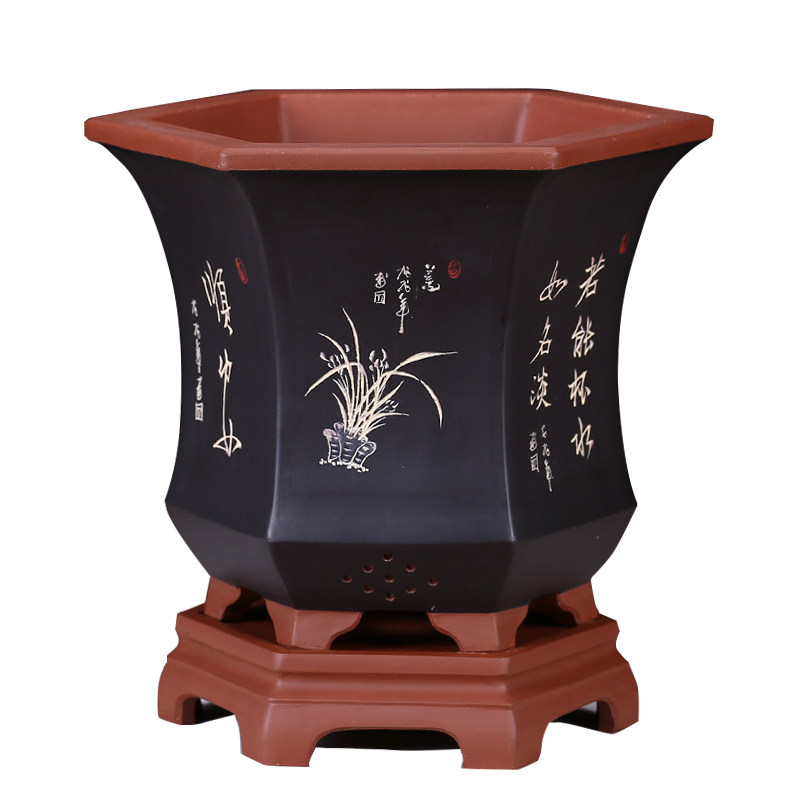 中国风六角紫砂花盆 宜兴紫砂大号兰花盆 陶瓷君子兰客厅盆景花器