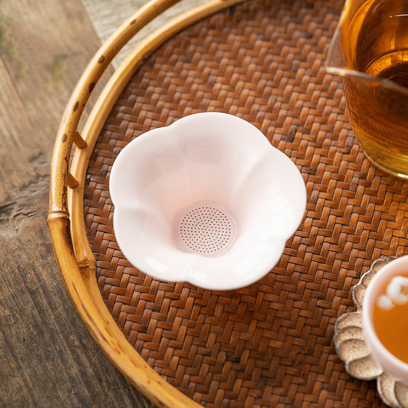 粉色茶滤全瓷一体瓷孔高端茶漏器羊脂玉瓷创意功夫茶隔滤茶网茶架