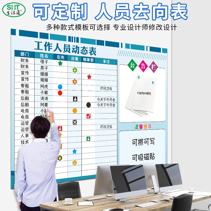 生活通 公司人员去向表员工考勤公告栏可吸磁企业办公室去向牌可