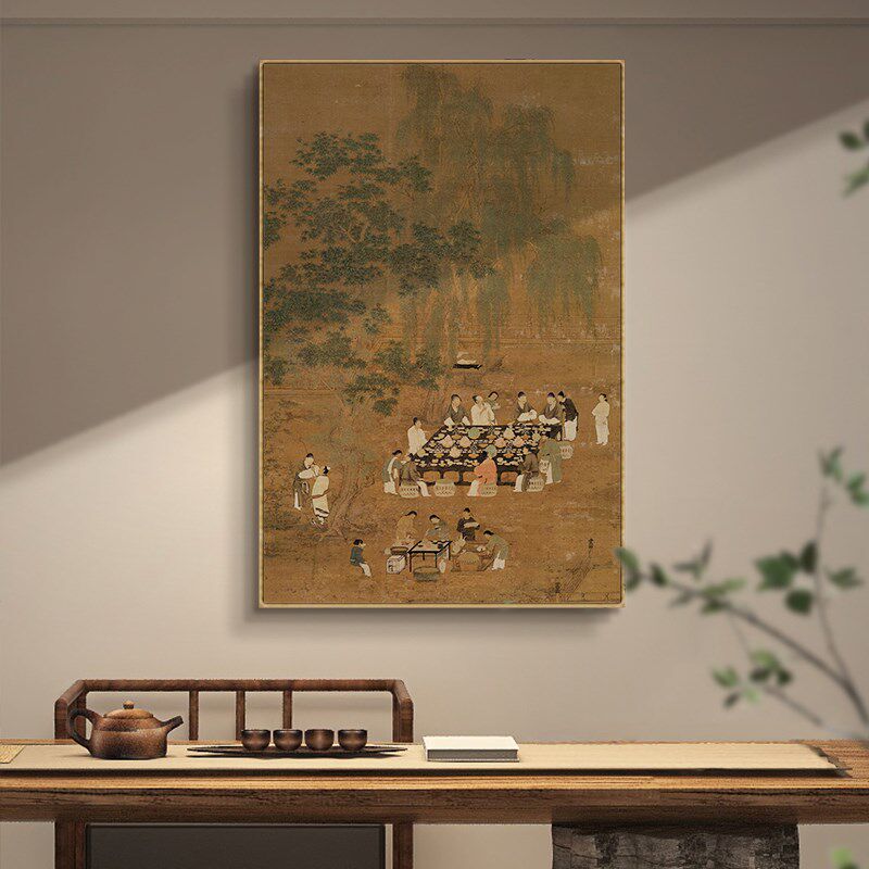 文会图新中式餐厅横幅装饰画茶室背景墙明清古典挂画玄关竖版带框