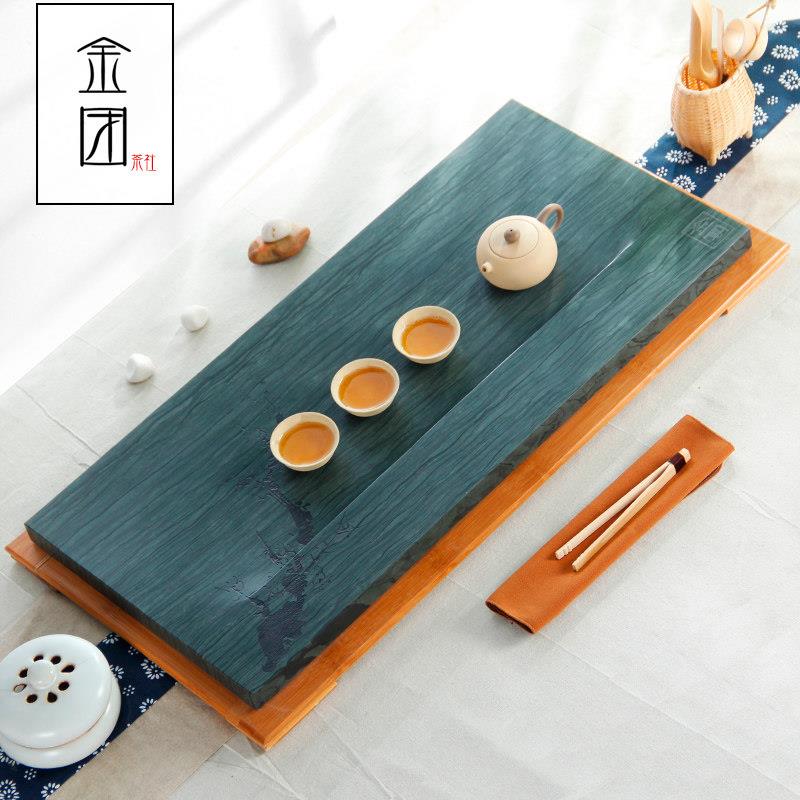 金团石头茶盘茶海天然绿玉石乌金石大号石材茶台功夫茶具排水家用