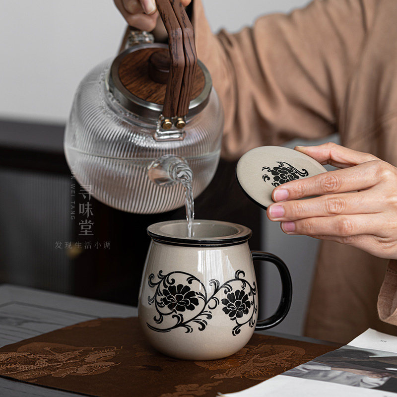 民窑雕花办公杯复古带盖过滤泡茶杯青灰釉马克杯陶瓷茶具随手礼