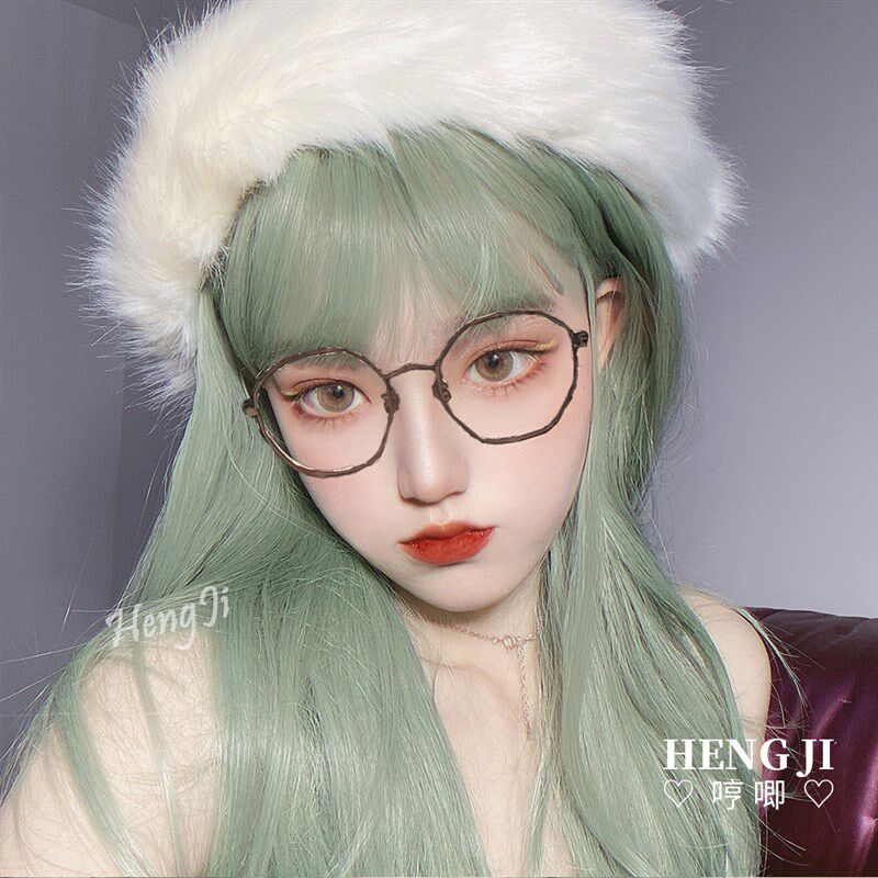 哼唧假发女长发lolita自然逼真网红少女jk修脸可爱绿色lo软妹假毛