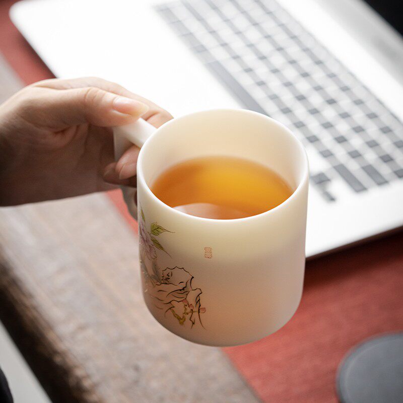 唐舍 德化羊脂玉瓷白瓷茶杯带盖陶瓷办公室男女过滤茶水分离水杯