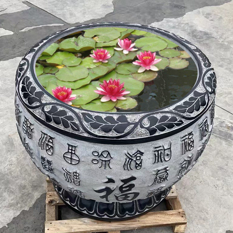 庭院石头鱼缸天然青石水缸花盆石雕百福大缸仿古做旧圆缸养鱼石盆