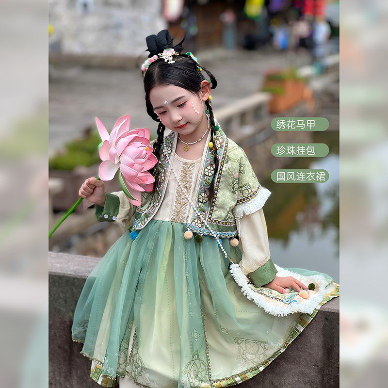 女童汉服2025春季新款儿童新中式连衣裙马甲包包古风三件套春装