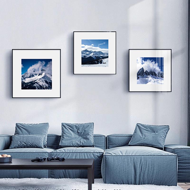 方形留白画大雪山脉风景蓝天白云客餐厅装饰画卧室办公室书房挂画