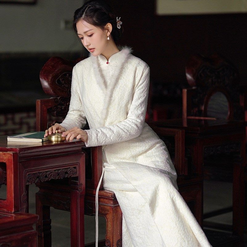阶前月 秋冬禅意女装水貂毛领茶服厚外套针织提花改良汉服连衣裙