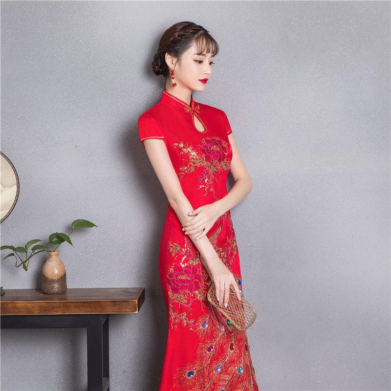 鱼尾敬酒服新娘春季2023新款红色长款旗袍修身中式结婚礼服女夏季