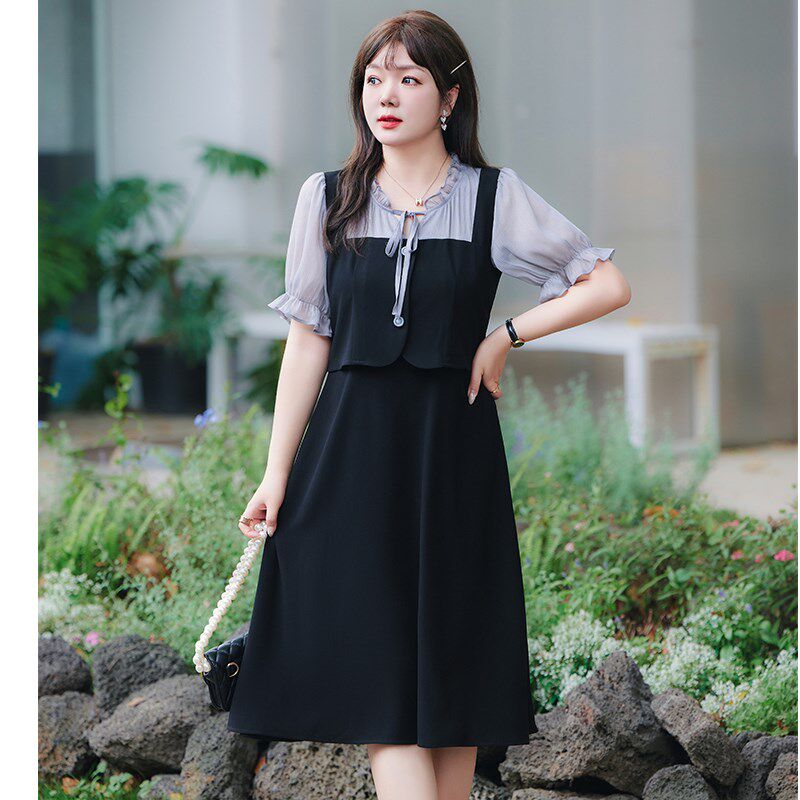 夏装法式气质V领收腰短袖A字长裙遮肚子显瘦假两件大码胖MM连衣裙