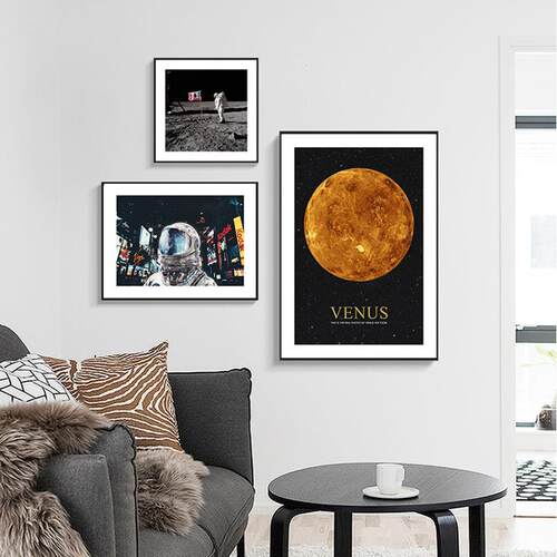 电脑房客厅装饰画太空宇航员组合卧室画挂画月球墙画房间床头壁画