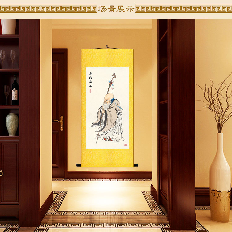 寿比南山图 寿星画像挂画 南极老人仙翁丝绸画 绢布卷轴画装饰画