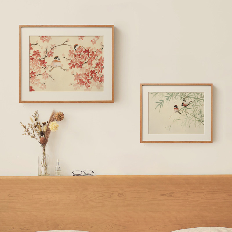 花鸟画 成双对情侣爱情寓意好牀头沙发卧室原木风日式高级感挂画