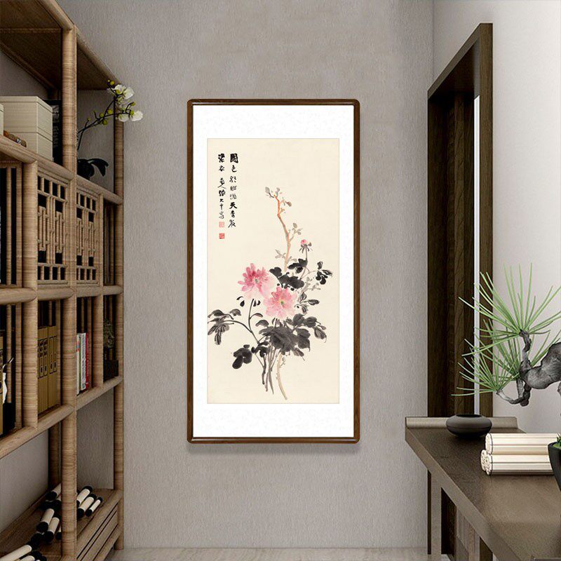 国画牡丹花国色天香客厅装饰画张大千字画办公室书房竖版玄关挂画