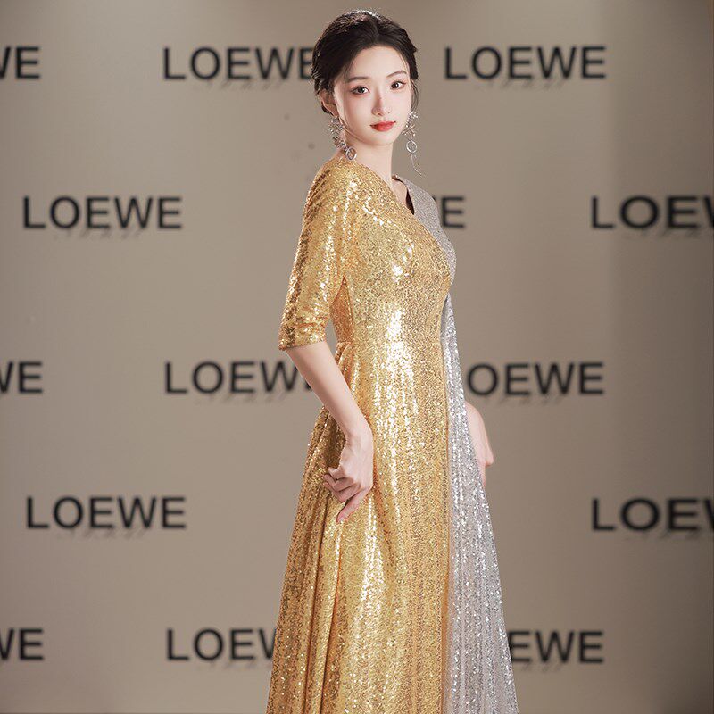 新款高端大合唱团演出服女金色晚礼服年会长裙走秀主持人表演服装
