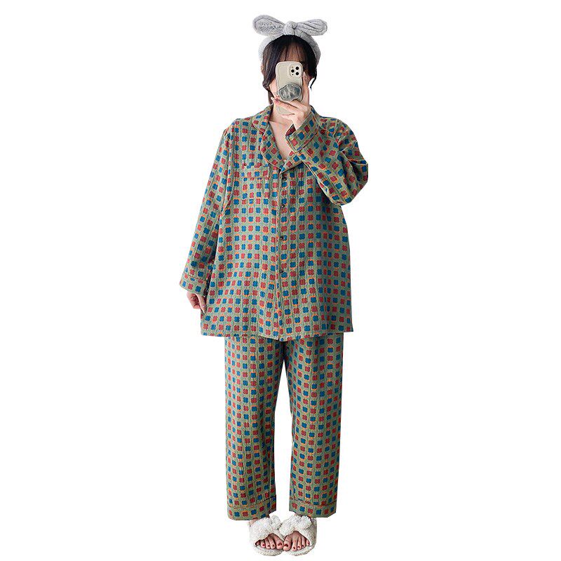孕妇睡衣不勒肚春秋纯棉可调节哺乳棉纱家居月子服大码200斤春夏