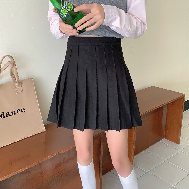 卡其色百褶裙女秋冬季灰色毛呢学院风jk半身裙显瘦高腰A字裙短裙