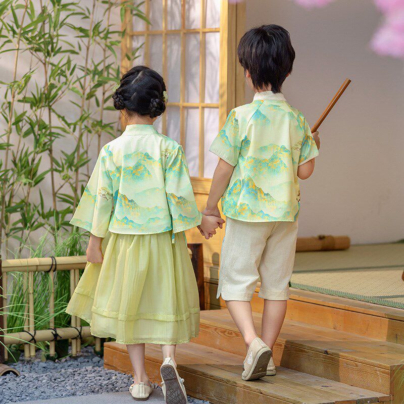 汉服夏季套装幼儿园园服改良中式班服六一表演服古风山水画唐装潮
