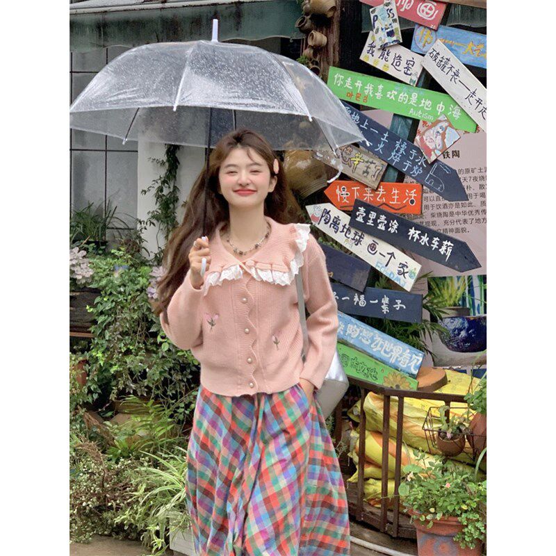 范雯雯 野餐少女 格子高腰A字半身裙女春季法式温柔漂亮长款裙子