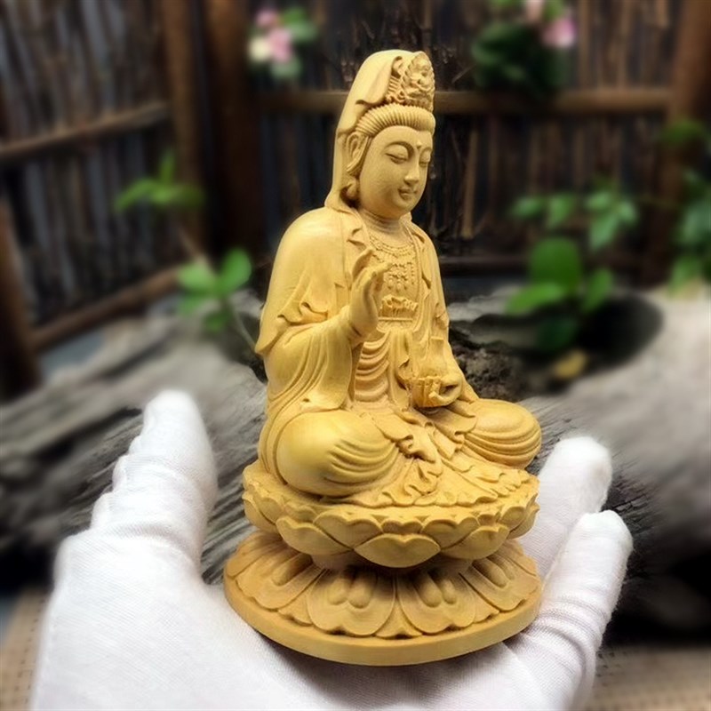小号观音木雕摆件家居装饰玄关摆设汽车黄杨木雕刻佛像坐姿包邮