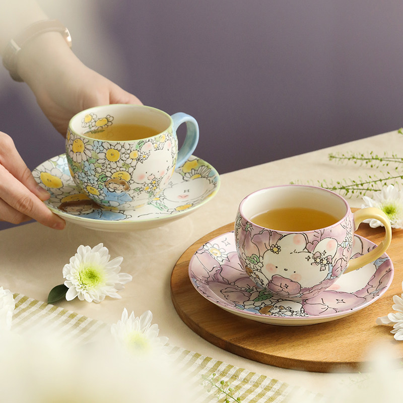 蓝莲花马克水杯手绘釉下彩咖啡杯碟套装早餐杯陶瓷杯子茶杯咖啡杯