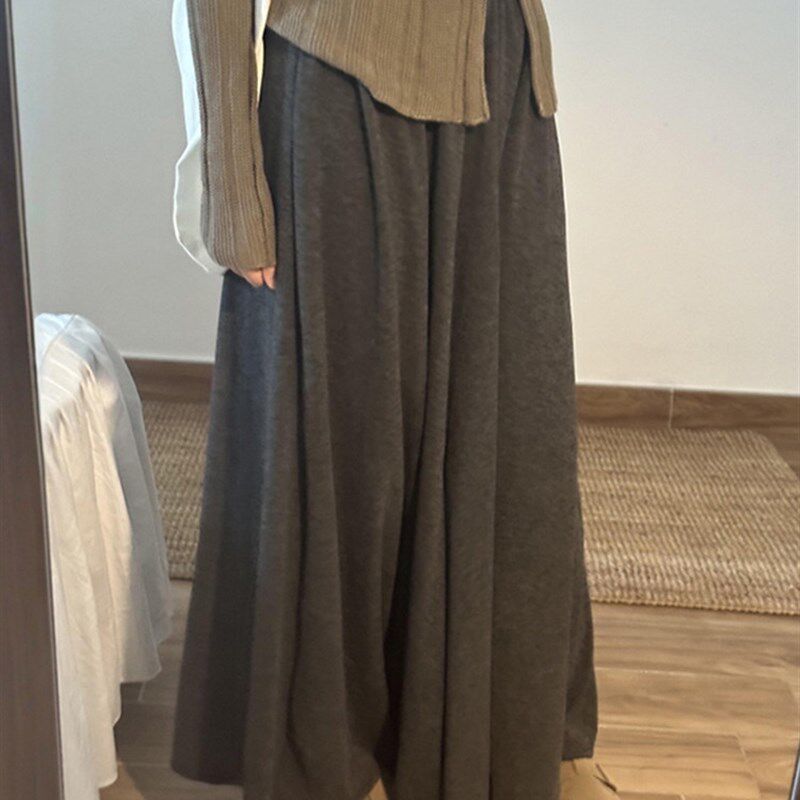 深灰色针织糯米裙裤女秋季胖妹妹mm大码宽松显瘦垂感阔腿休闲裤子