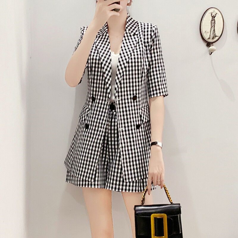 春秋新款时尚洋气职业格子西装套装女气质长袖西服裤子两件套2024