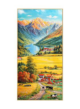 丰收入户玄关装饰画手绘油画金山聚宝盆客厅挂画竖版走廊过道壁画