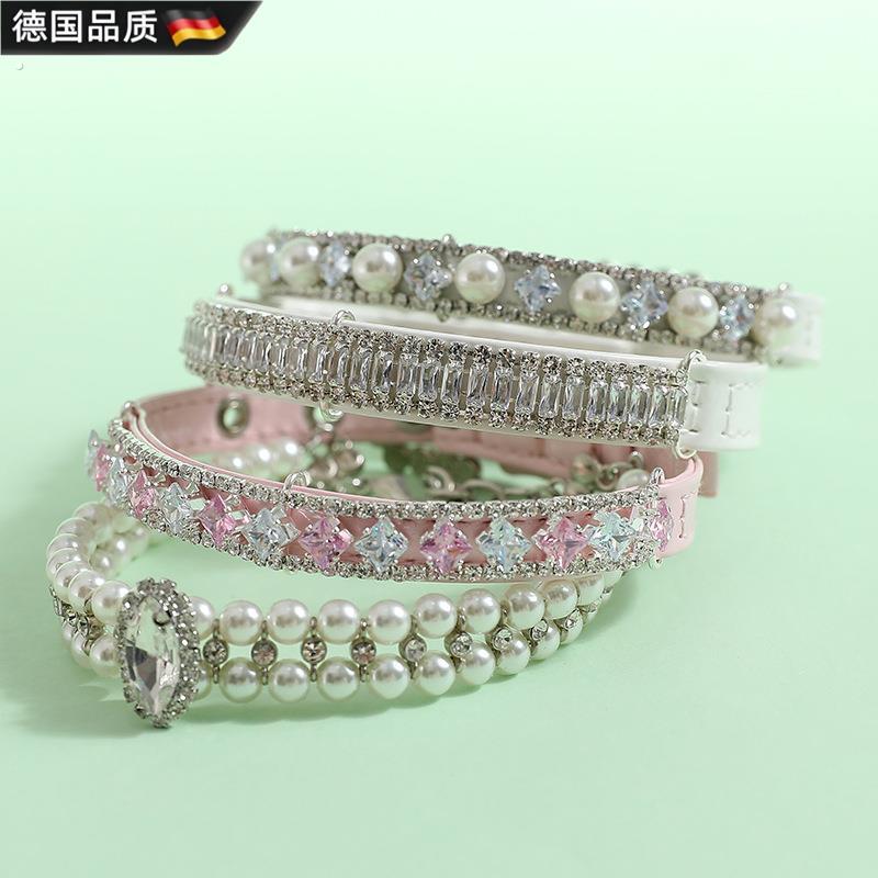 狗脖套水钻方钻小狗猫咪项圈公主风高级宠物皮革刻字项链雪纳瑞