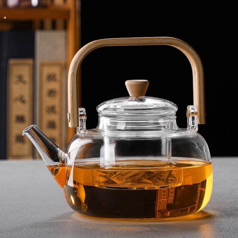 竹把方提梁壶高硼硅耐热玻璃过滤茶壶黑晶炉煮茶器烧水壶竹制提梁