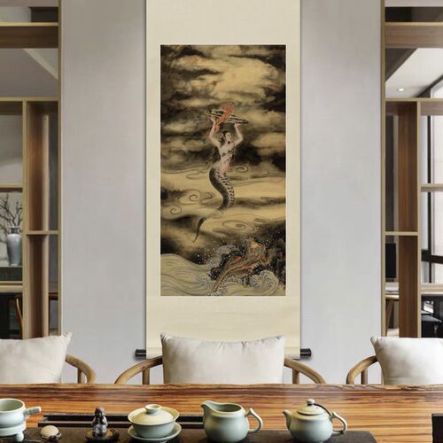 工笔上古神话人物画女娲娘娘补天图玄关书房中式卷轴画框装饰挂画