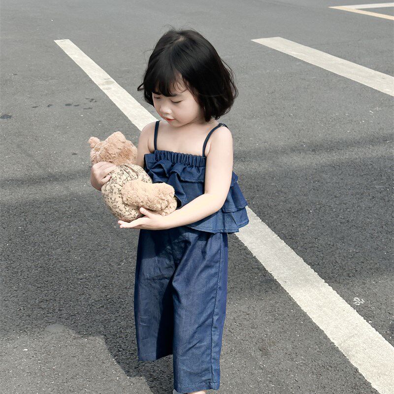 WONIU女童牛仔吊带裙套装蛋糕上衣可调节女宝宝夏装时髦阔腿裤