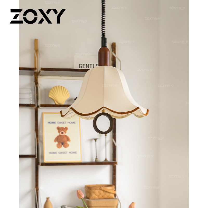 zoxy 中古风布艺餐厅小吊灯 实木伸缩吧台卧室房间浪漫法式餐桌灯
