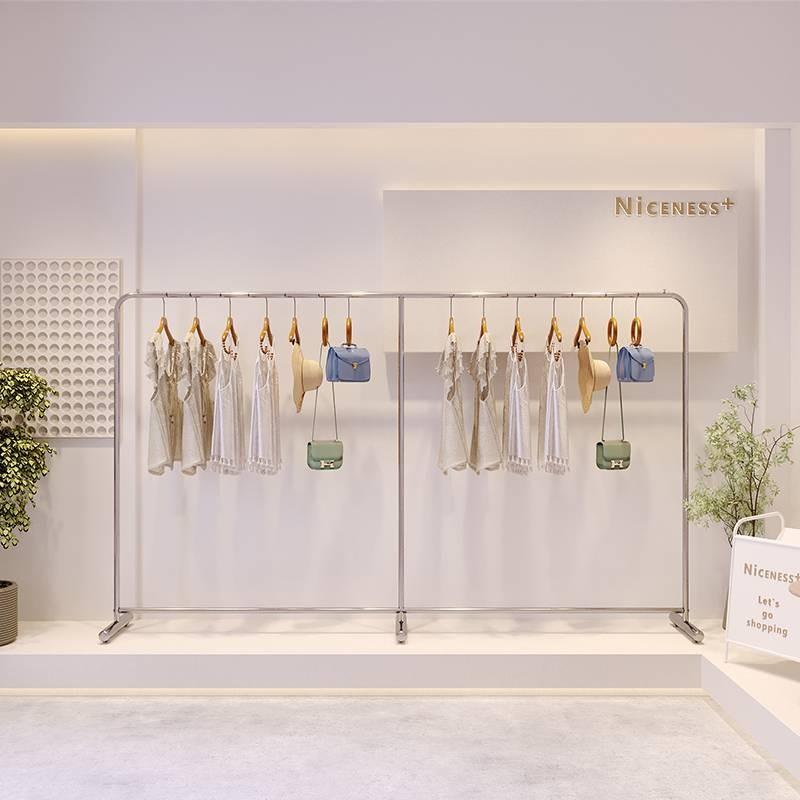 服装店网红挂衣架不锈钢拉丝银货架落地式挂衣杆服装展示陈列架子