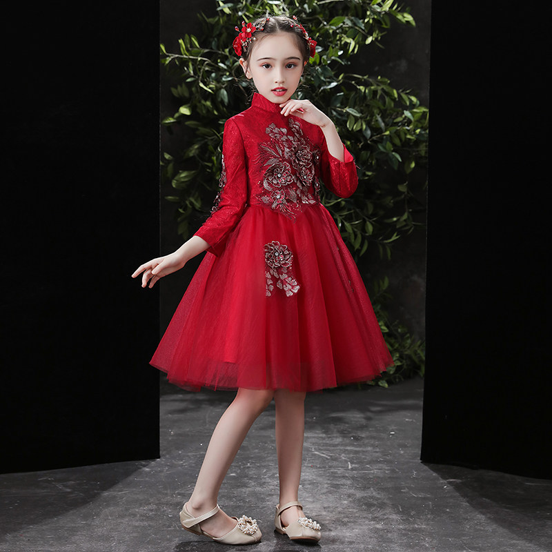 儿童礼服公主裙女童蓬蓬纱花童红色婚纱伴娘服钢琴演出服洋气秋冬