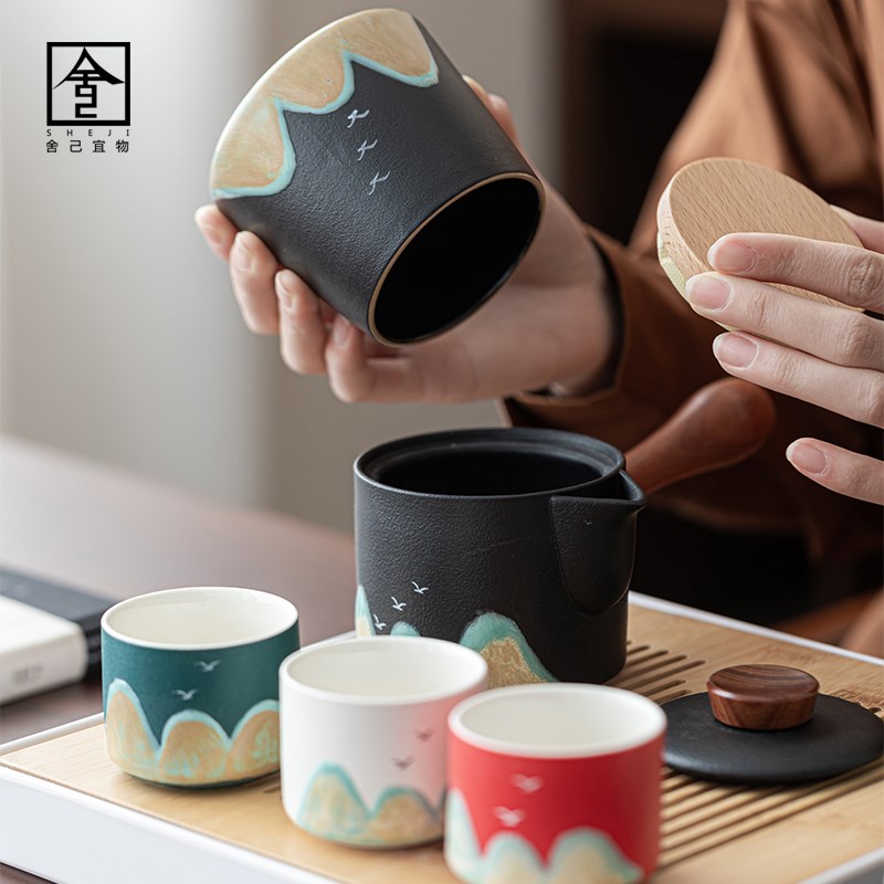 国画千里江山茶杯茶壶陶瓷品茗杯中国风复古远山主人杯功夫茶具