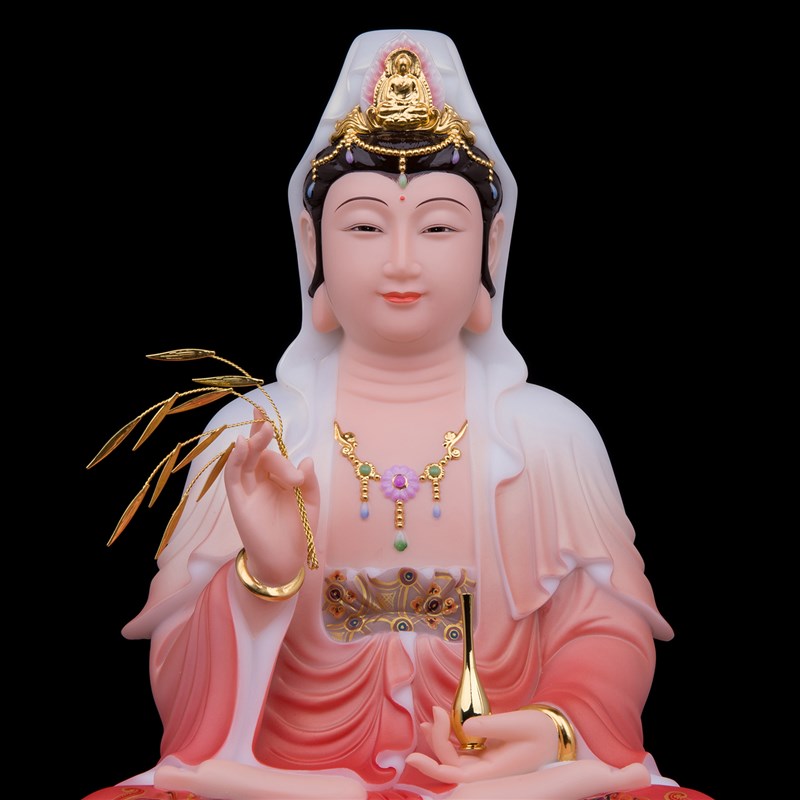 康盛观音家用供奉观音佛像汉白玉白衣红衣坐莲花观世音菩萨摆件