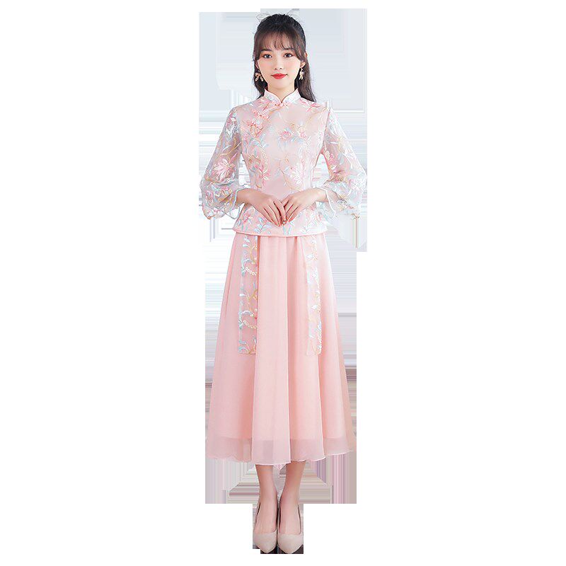 中式伴娘服婚礼中长款2021年新款伴娘礼服裙女仙气质中国风姐妹团