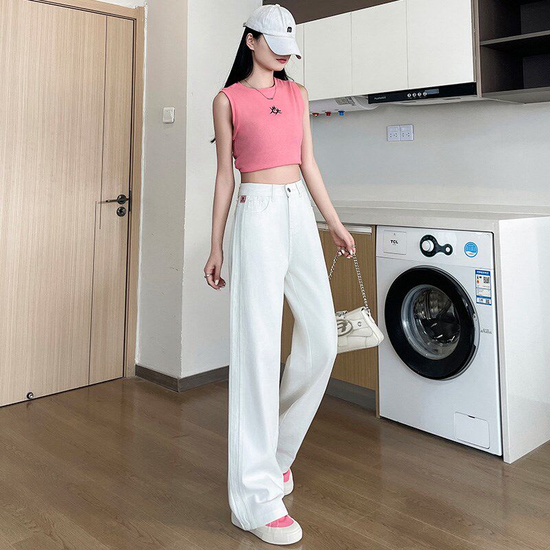 白色窄版直筒牛仔裤女夏季薄款2024新款高腰宽松显瘦小个子阔腿裤