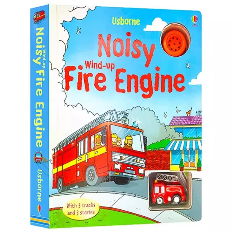 预售 轨道消防车 Noisy Wind-up: Fire Engine 发声发条玩具纸板书儿童认知趣味游戏图画书 英文原版绘本儿童益智游戏纸板书