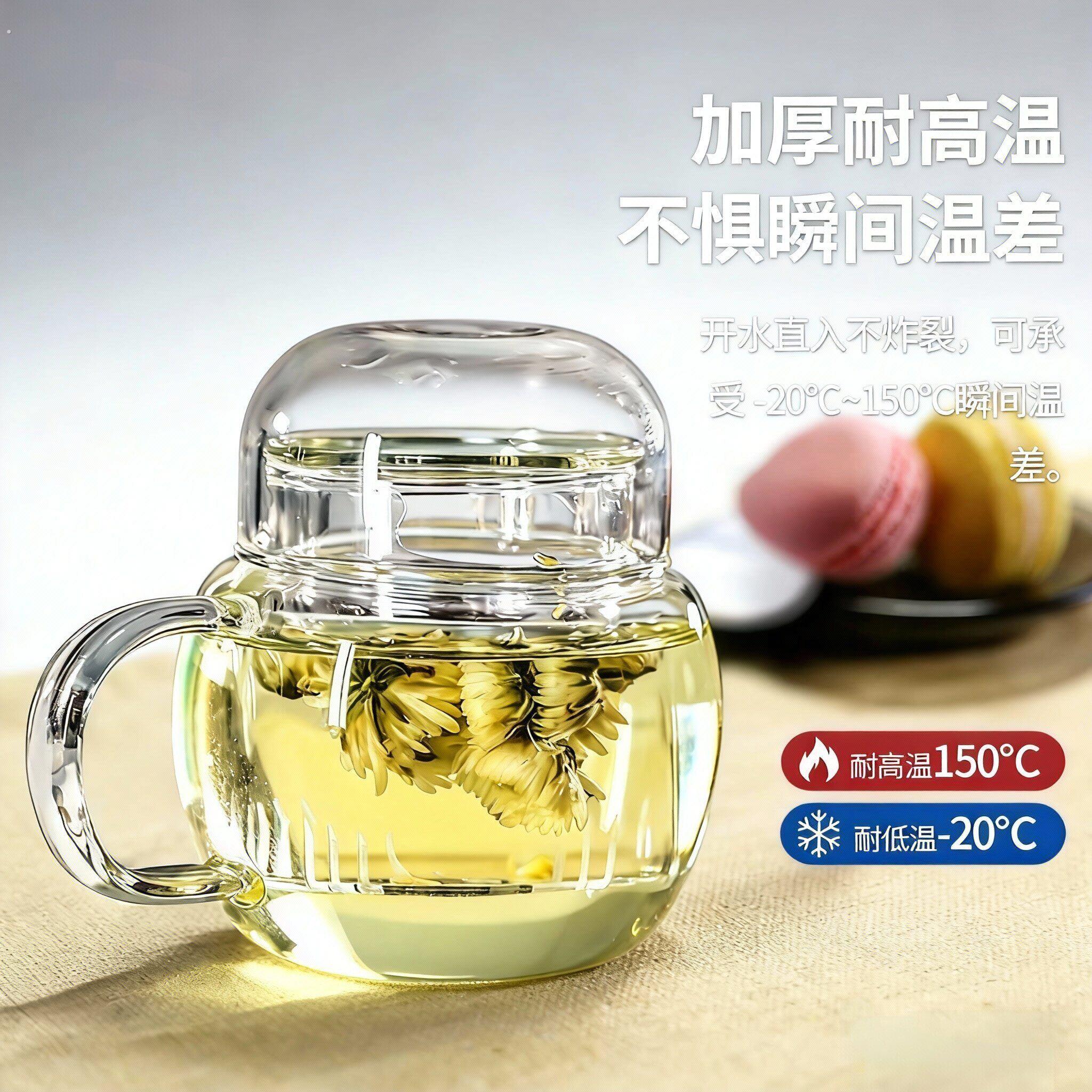 带盖水杯高硼硅玻璃杯耐热带把加厚过滤茶壶家用透明杯子茶水分离