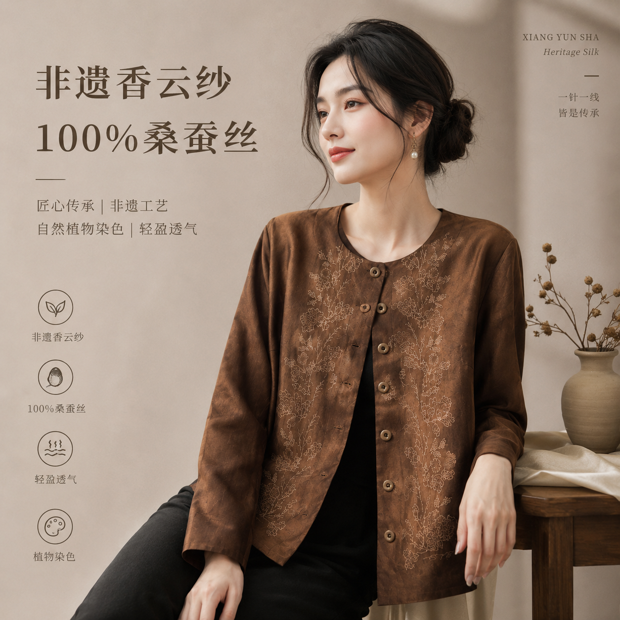 【米儿甄选】织月司100%桑蚕丝香云纱外套81252982