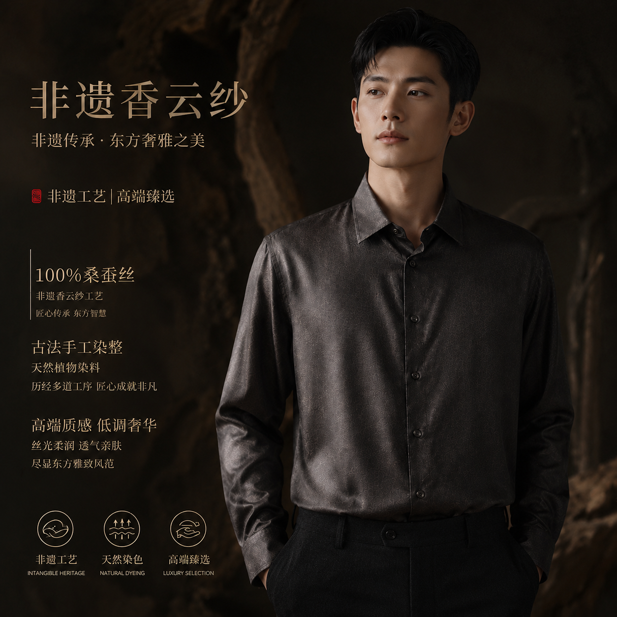 【米儿甄选】织月司100%桑蚕丝男士夏季香云纱黑色上衣YC25A002